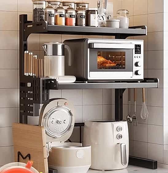 Kitchen Appliance/Oven Microwave  Rack – Strong Metal Rack with Hooks and lid holder (1/2 Tier)