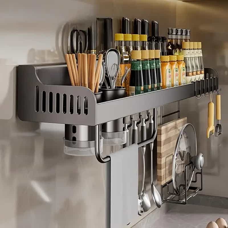 Adhesive Multifunctional Wall-Mounted Kitchen Rail / Utensil Holder with Lid Holder