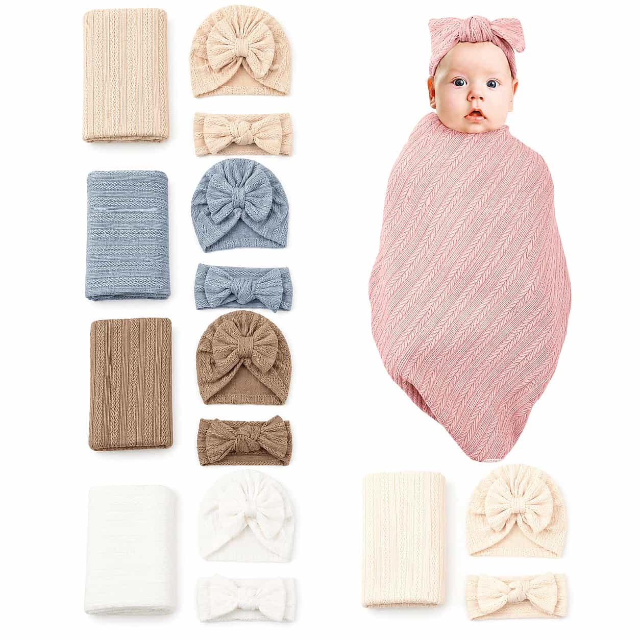 3pcs Infant Swaddle Set, Solid Color Wheat Sheaf Pattern Wrap Blanket