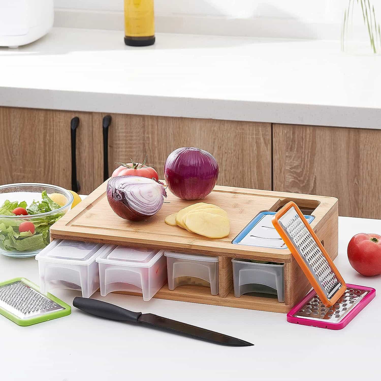 Premium Bamboo Chopping Board with 4 Slide‑Out Drawer and 4 Greters