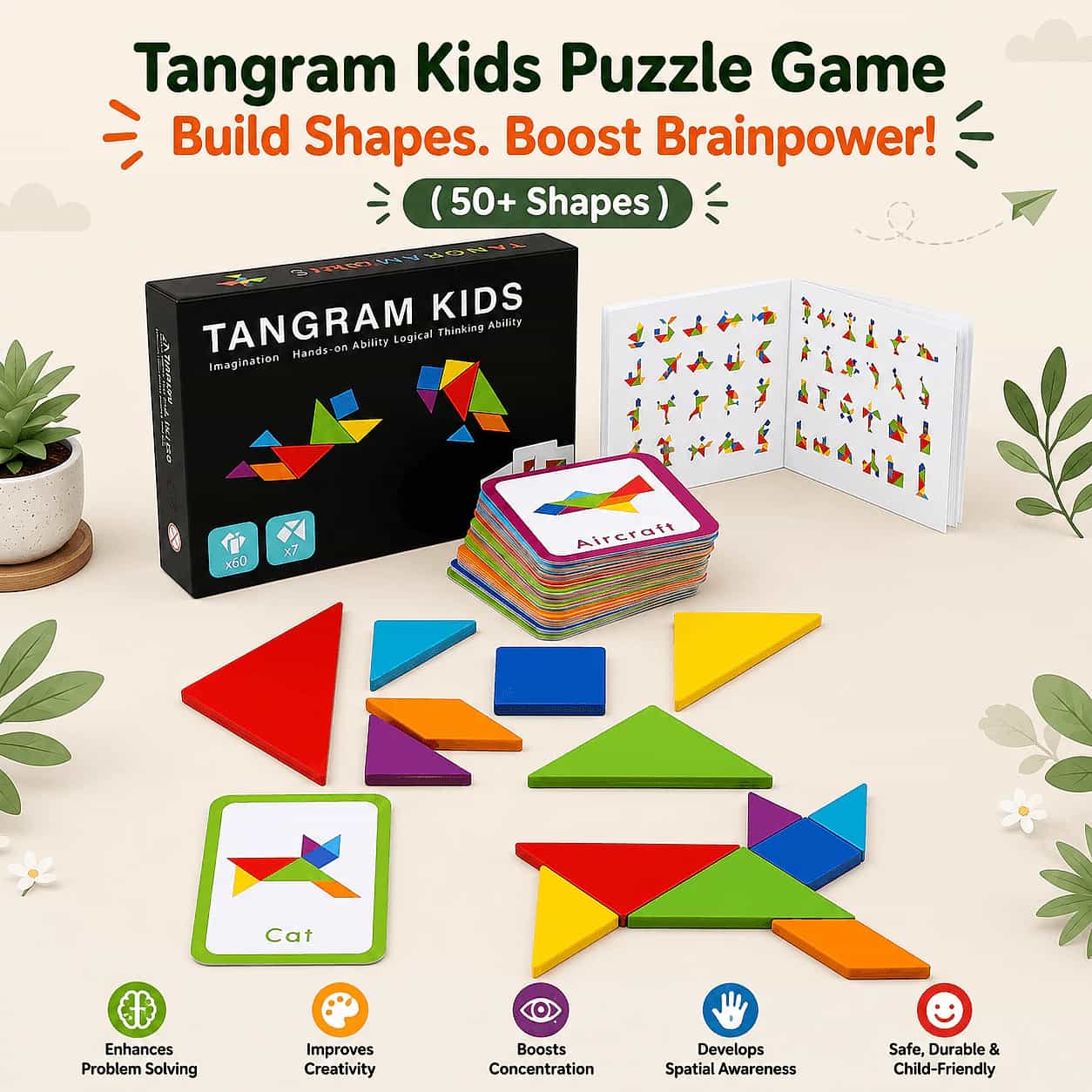 Wooden Tangram Educational Puzzle Board for Kids