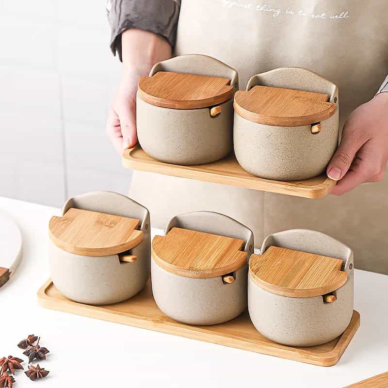 Japanese Ceramic Spice Jar Set with Bamboo Lid & Spoon – 3pcs
