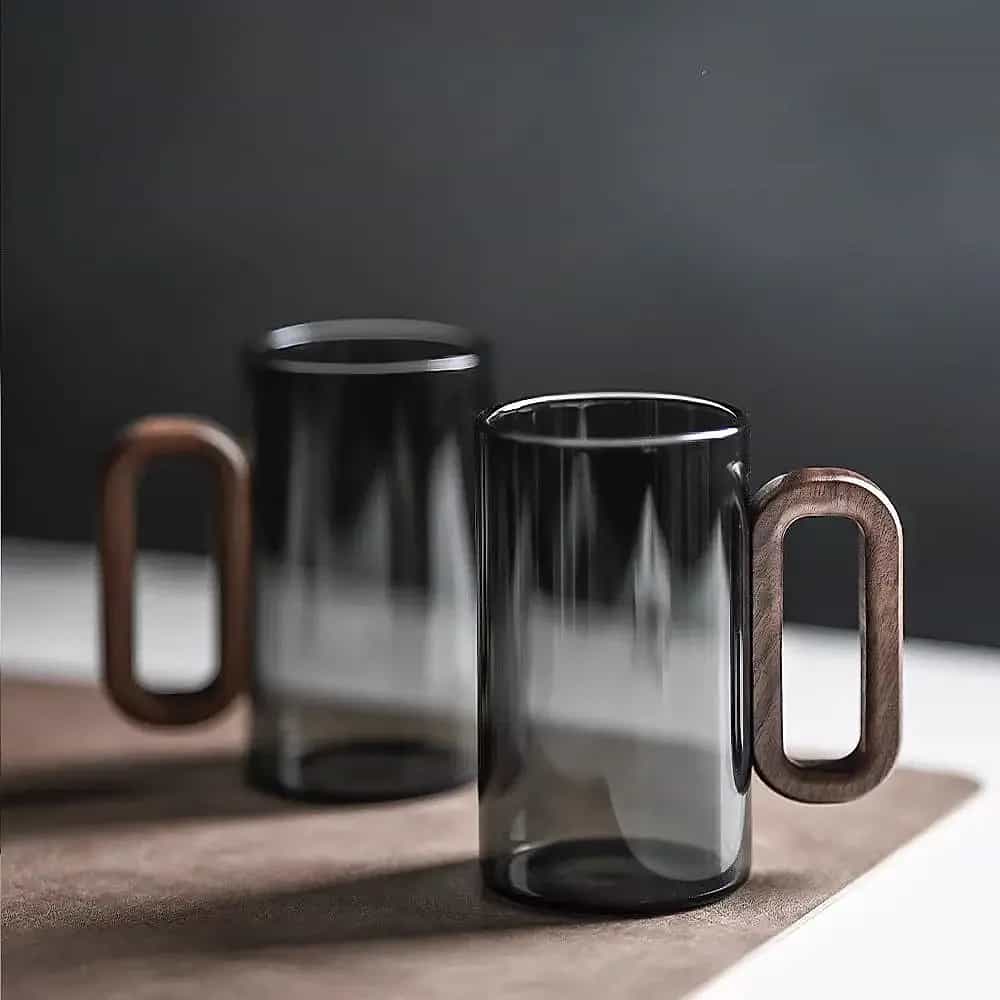 Aesthetic Glass Mug with Wooden Handle – 360ml (1pc)