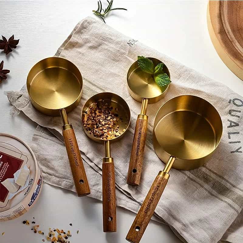 Wooden Handle Stainless Steel Measuring Cup Set | Gold – 4pcs