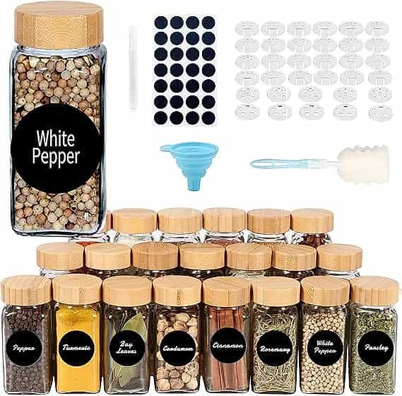 Glass Spice Jars Set with Bamboo Lids & Labels – 12pcs
