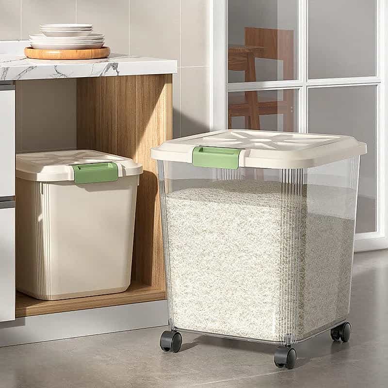 Large-Capacity Airtight Rice Bucket With Wheels - Plastic Storage Container for Rice, Flours & Pet Food