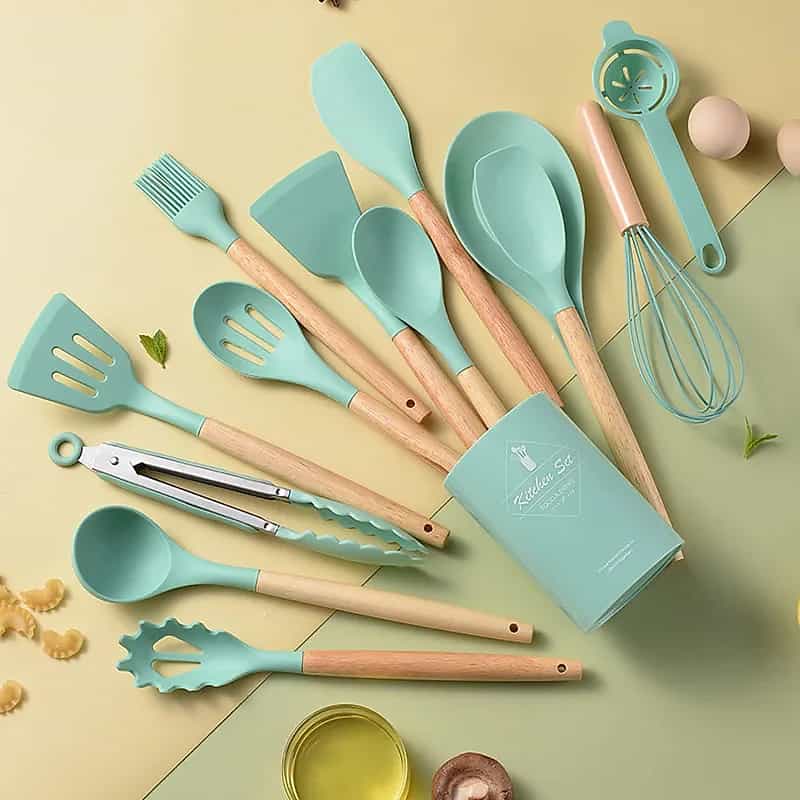 Silicone Kitchen Utensil Set with Wooden Handles