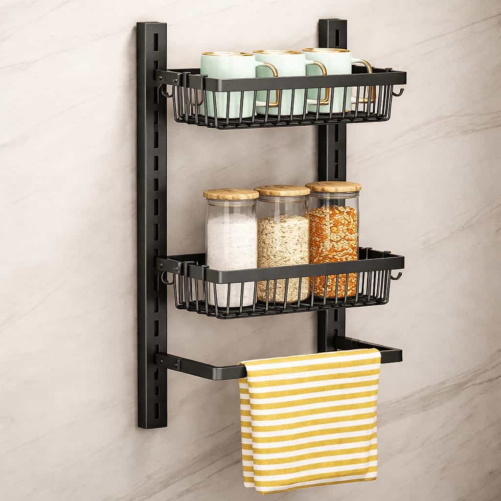 Adhesive Wall‑Mounted Kitchen Storage Rack With Spoon Hooks – Multifunctional Organizer