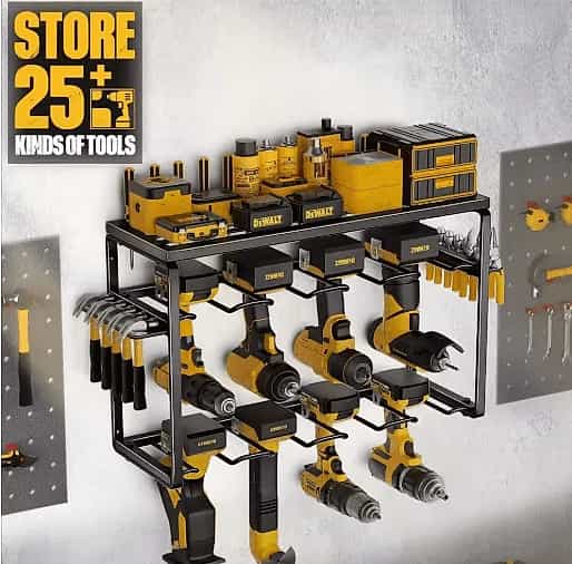 Three-Tier Wall-Mounted Tool Rack – Black Carbon Steel Storage for Electric Drills