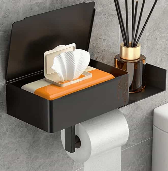 Wall-Mounted Toilet Paper and Tissue box Holder with Wipe Dispenser & Shelf