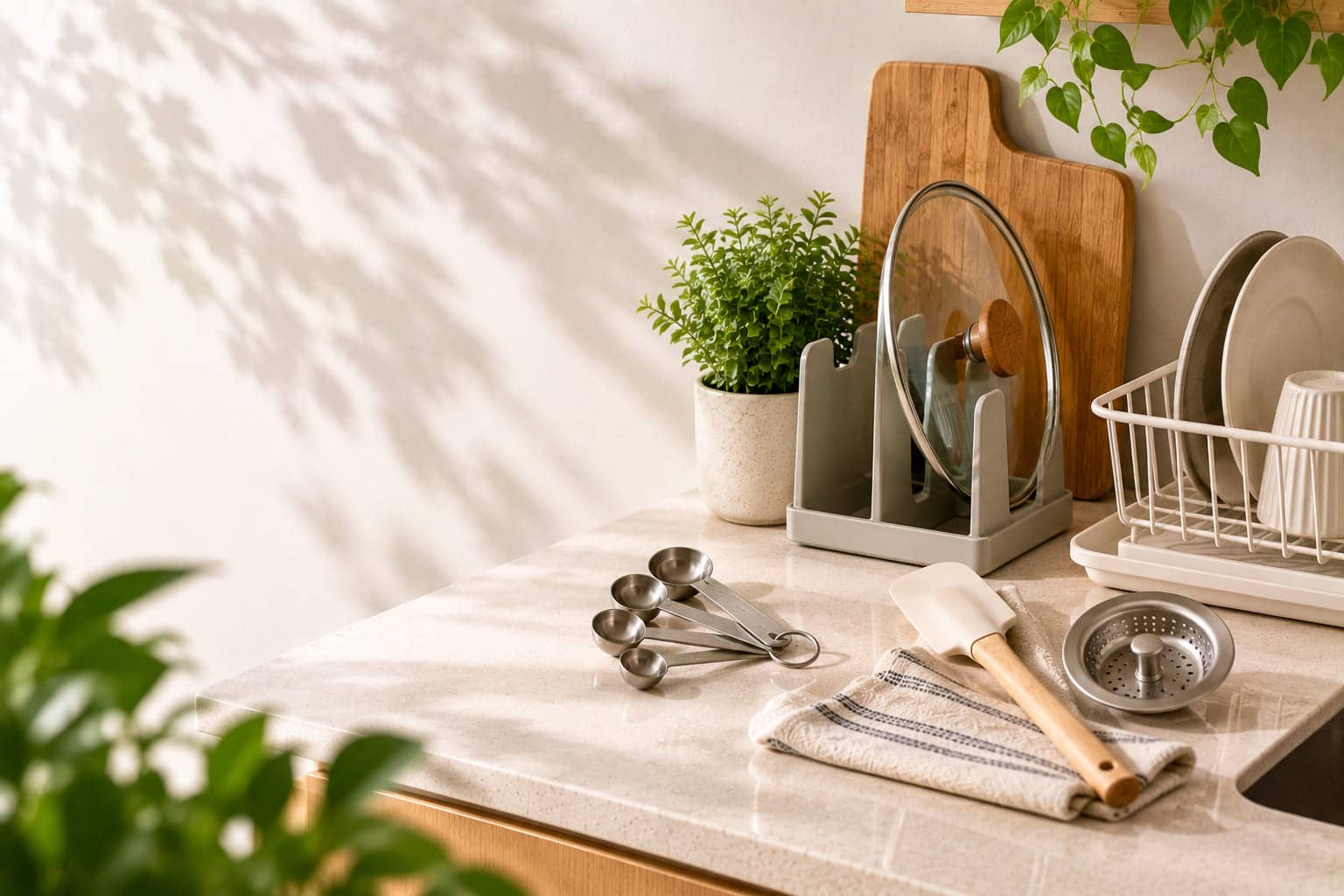 A pastel kitchen counter with a utensil crock and a board.