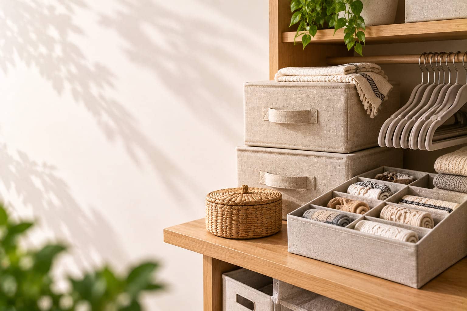 Woven baskets and folded linen on an open shelf.
