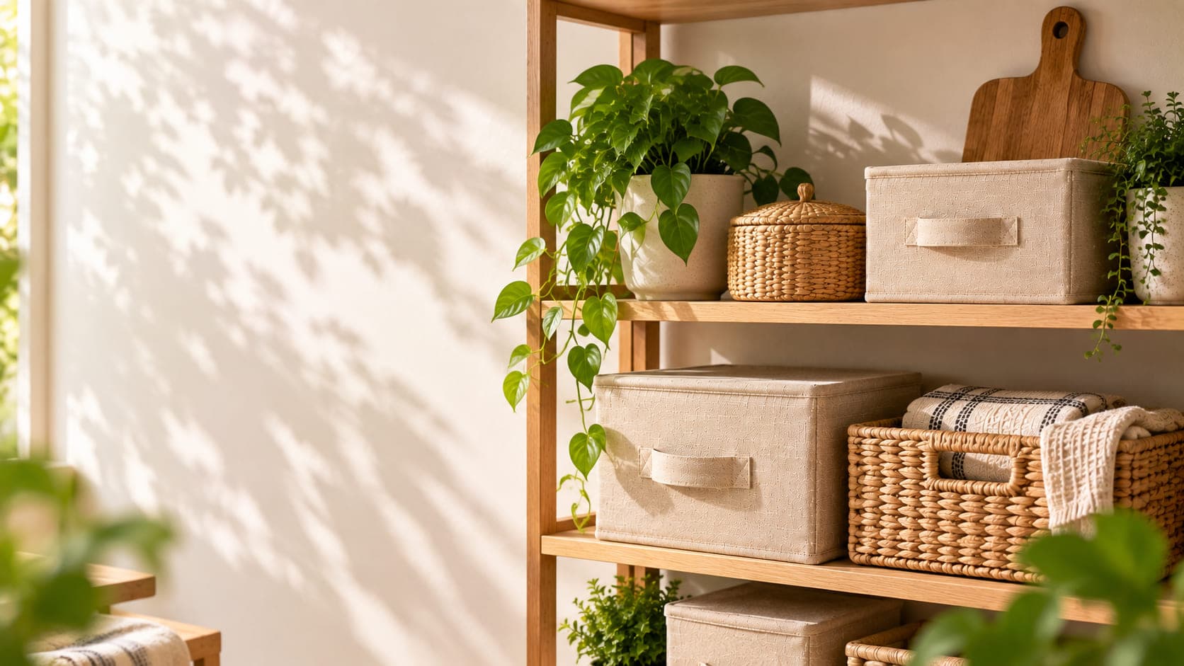 A sunlit living room with linen, ceramics and plants.
