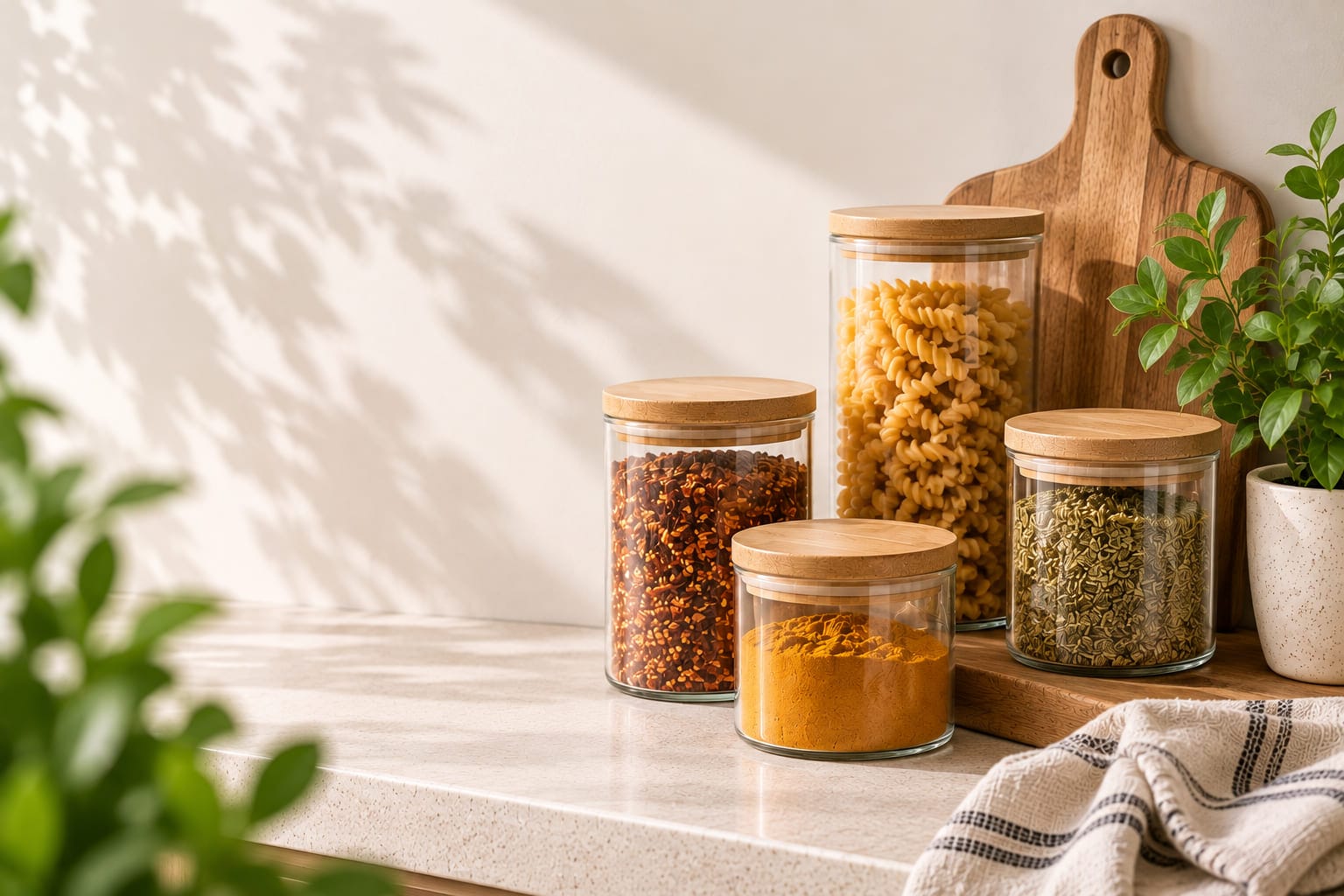 A small Colombo apartment kitchen: a spice rail above the hob, dividers in a half-open drawer, a hand reaching for a jar.