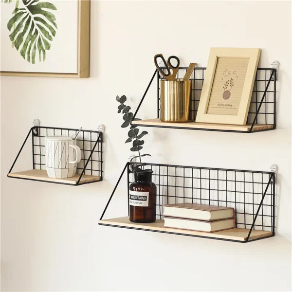Wall-Mounted Iron Shelf with Wooden Base