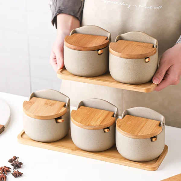 Japanese Ceramic Spice Jar Set with Bamboo Lid & Spoon – 3pcs