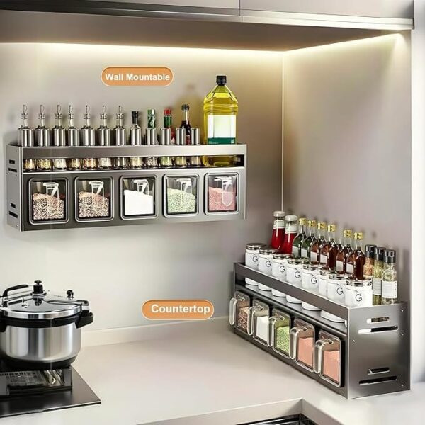 Wall-Mounted Spice Rack Organizer with Spoons – 5-Grid Condiment Box