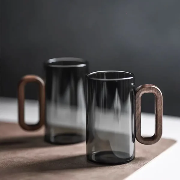 Black Transparent Glass Mug with Wooden Handle – 300ml