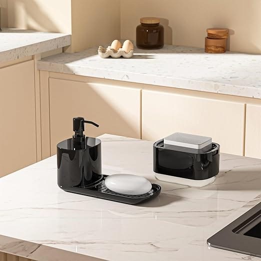 2-in-1 Kitchen Soap Dispenser with Sponge Holder – Black & White