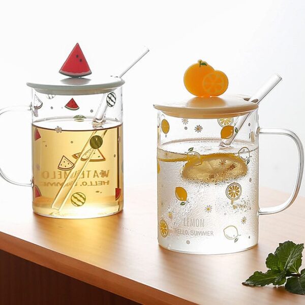 Cute Fruit-Themed Glass Mug with Lid & Straw | 450ml