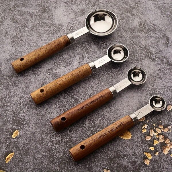 Wooden Handle Stainless Steel Measuring Spoon Set | Silver – 4pcs