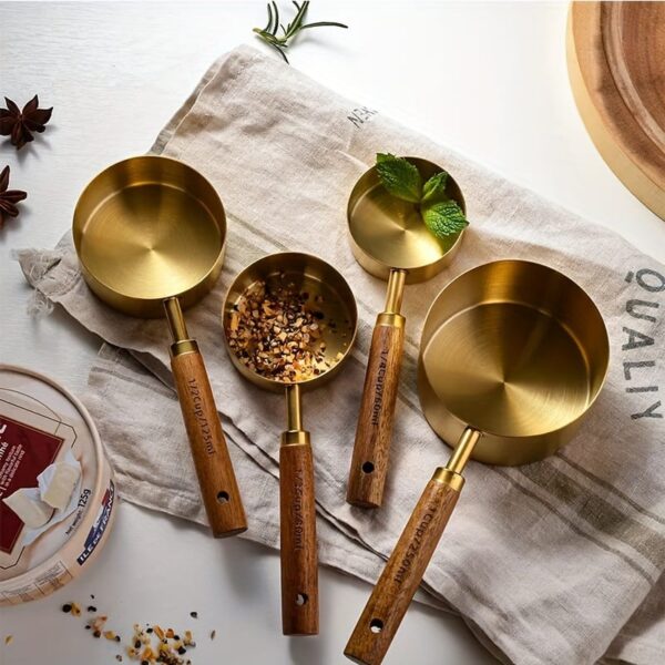 Wooden Handle Stainless Steel Measuring Cup Set | Gold – 4pcs